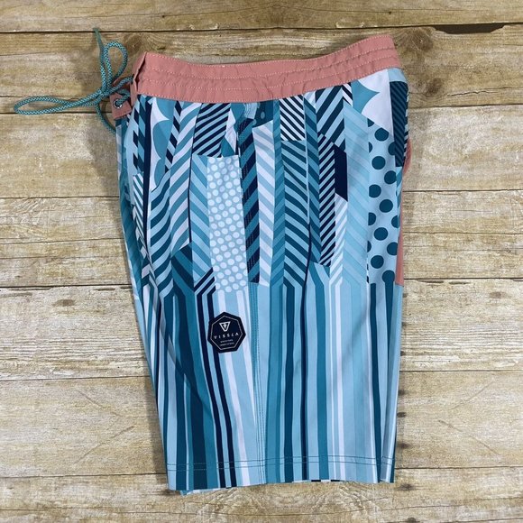 VISSLA Jason Woodside Board Shorts Swim Trunks 28 Stretch Blue White Striped Dot - Picture 7 of 9